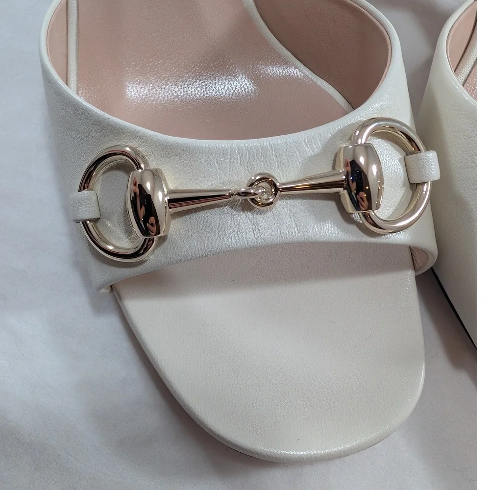 Gucci Horsebit Block Heel Sandals Cream Leather Gold Hardware IT 38
